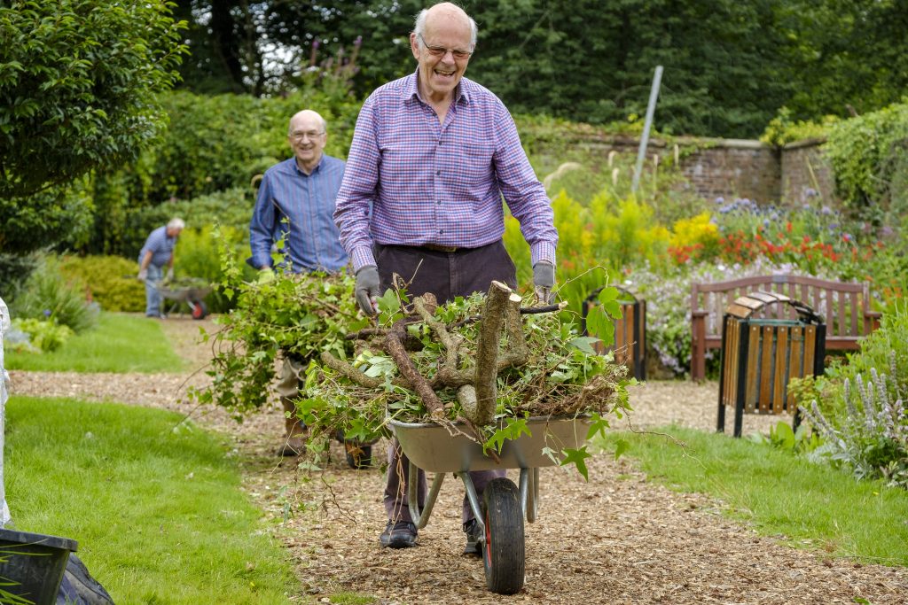 Photo of man with wheelbarrow gardening